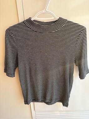 Divided Black and White Striped Mock Neck Short Sleeve Tee
